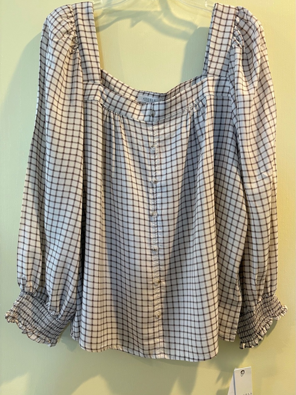 Angels Cream and Brown Plaid Square-Neck Button Blouse